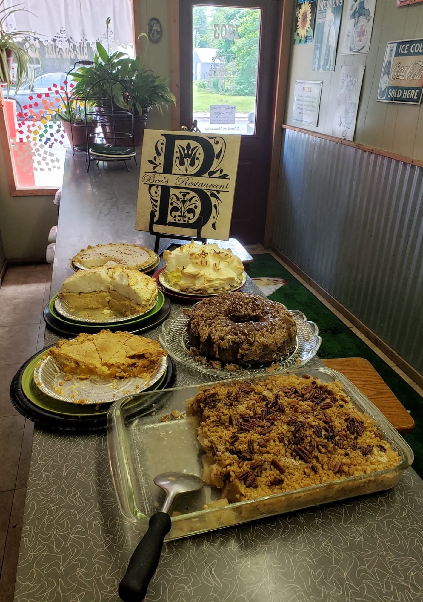 A spread of homemade pies and cakes at Bev's Restaurant