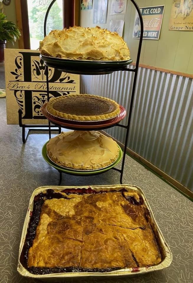 Fresh homemade pies on display at Bev's Restaurant